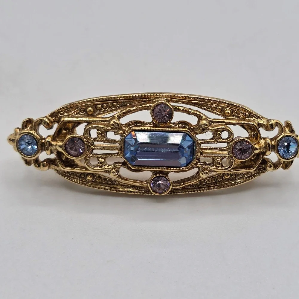 Vintage Gold Tone Filigree Bar Brooch Blue Emerald Cut Crystal Pink Rhinestone